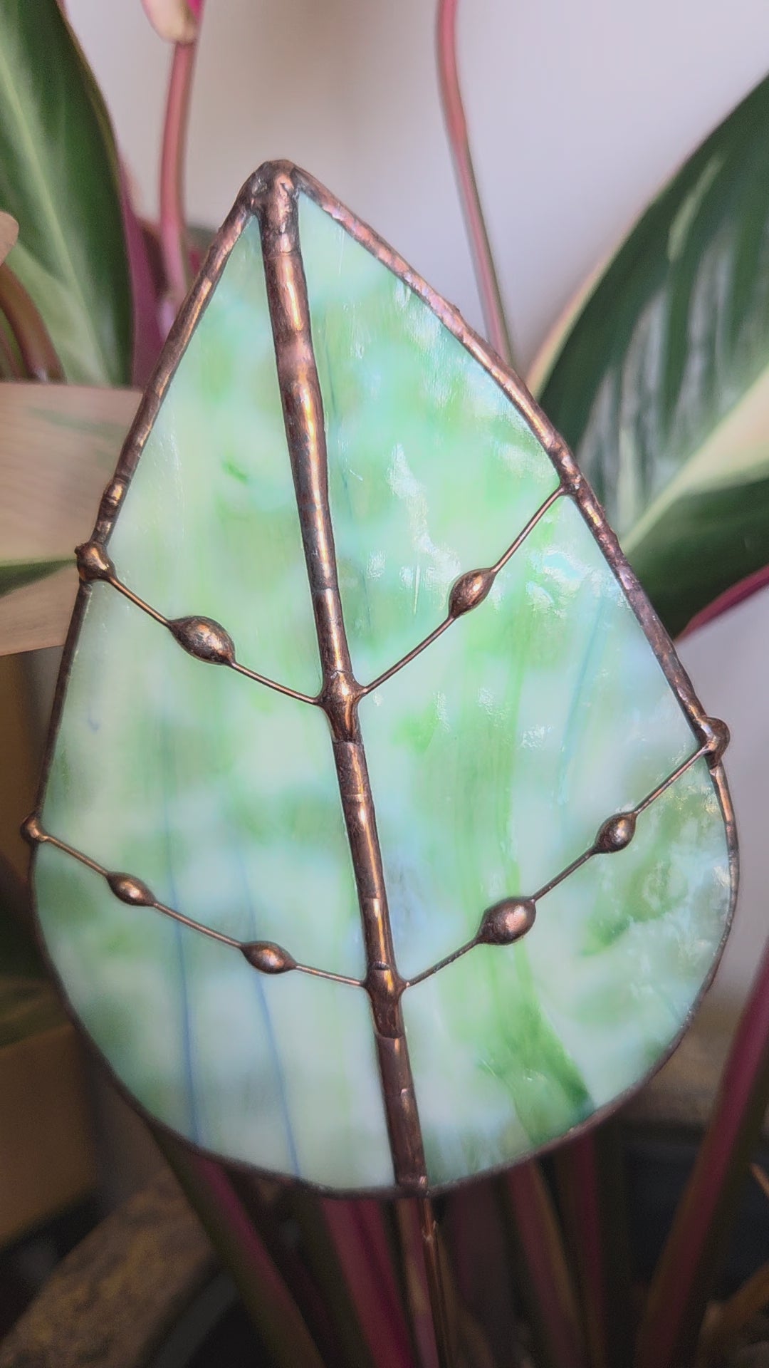 Leadlight stained glass sun catcher plant stake leaf marble plant decoration