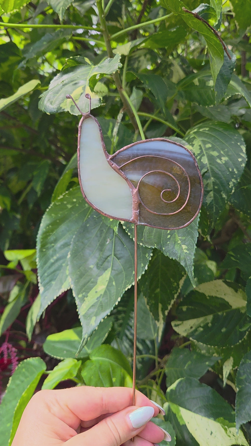 Leadlight stained glass sun catcher plant stake snail Beige plant decoration