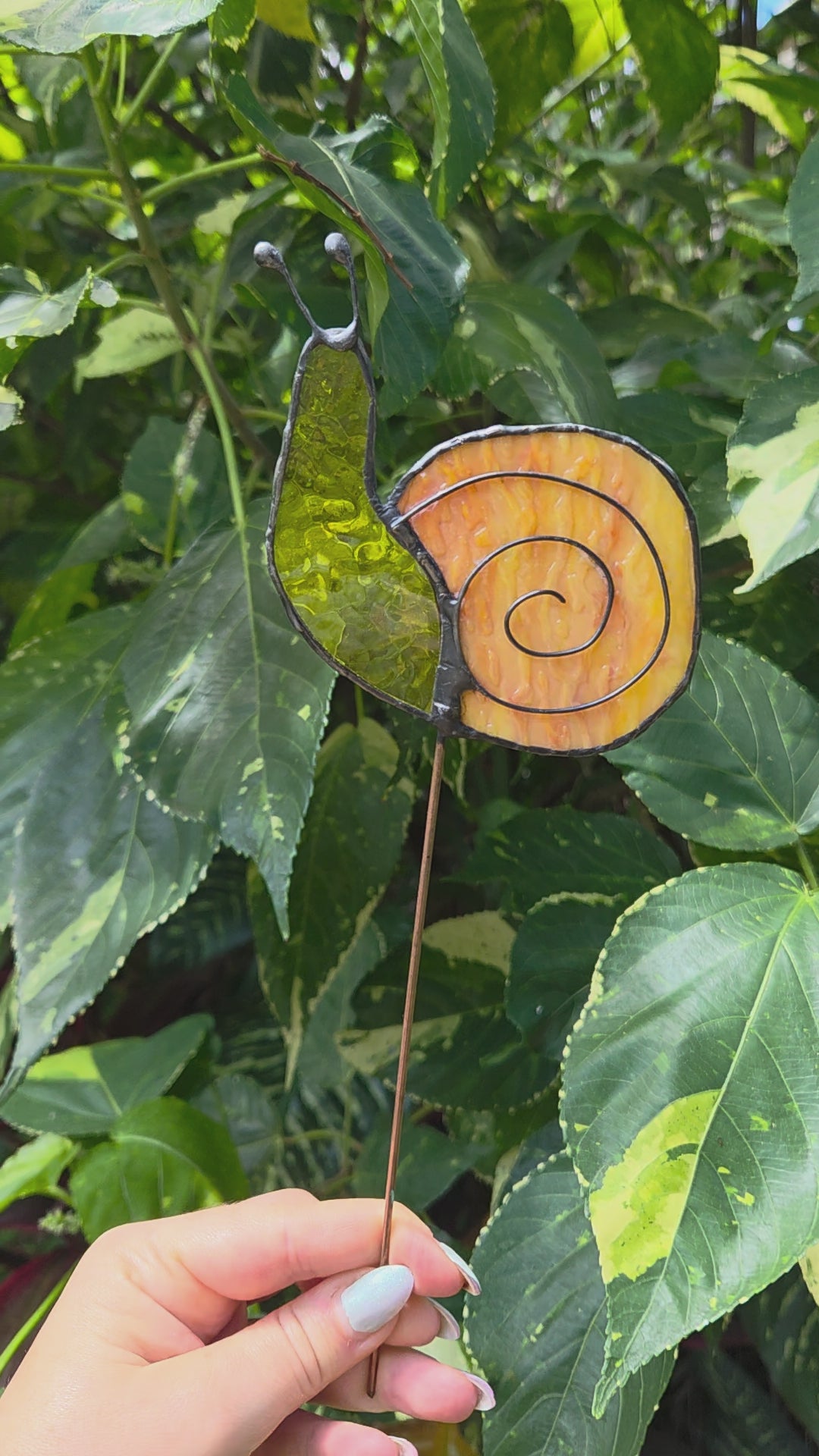 Leadlight stained glass sun catcher plant stake snail yellow plant decoration
