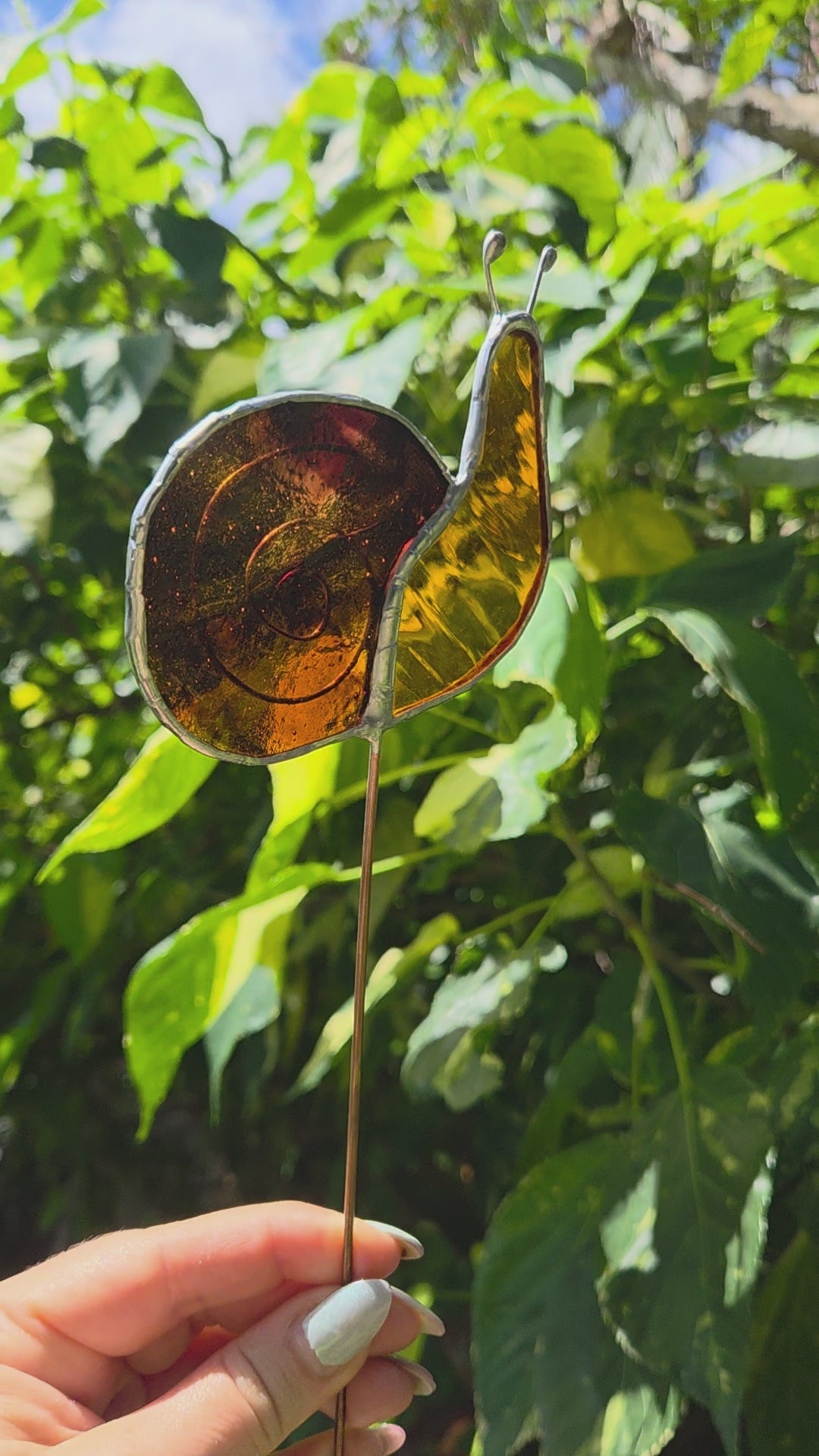 Leadlight stained glass sun catcher plant stake snail brown plant decoration