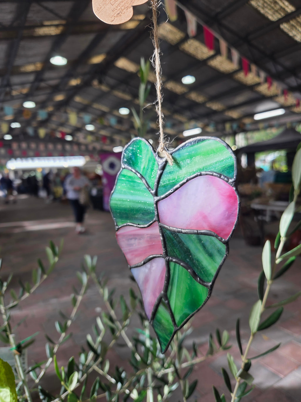 Leadlight / stained glass sun catcher Variegated alocasia leaf handcrafted one off piece