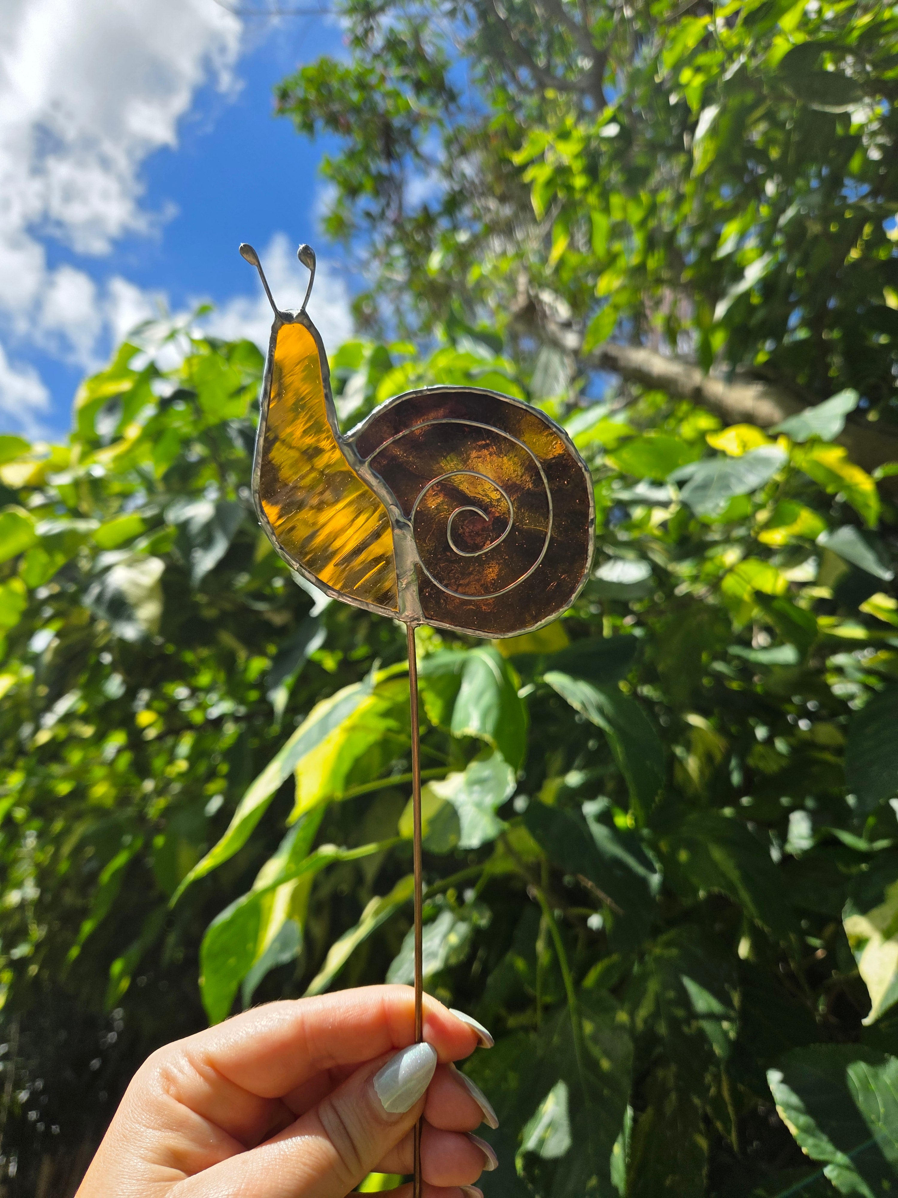 Leadlight stained glass sun catcher plant stake snail brown plant decoration