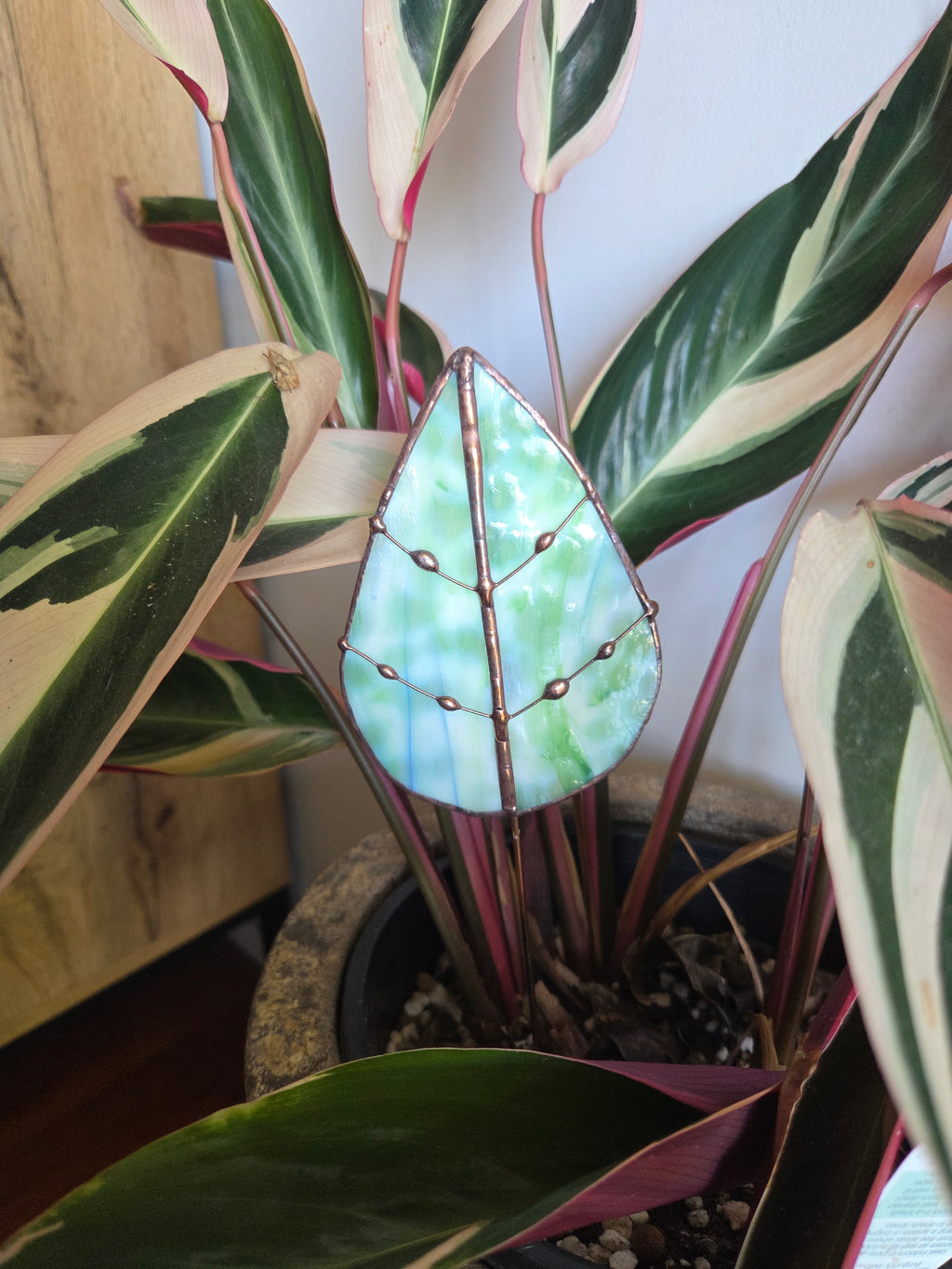 Leadlight stained glass sun catcher plant stake leaf marble plant decoration