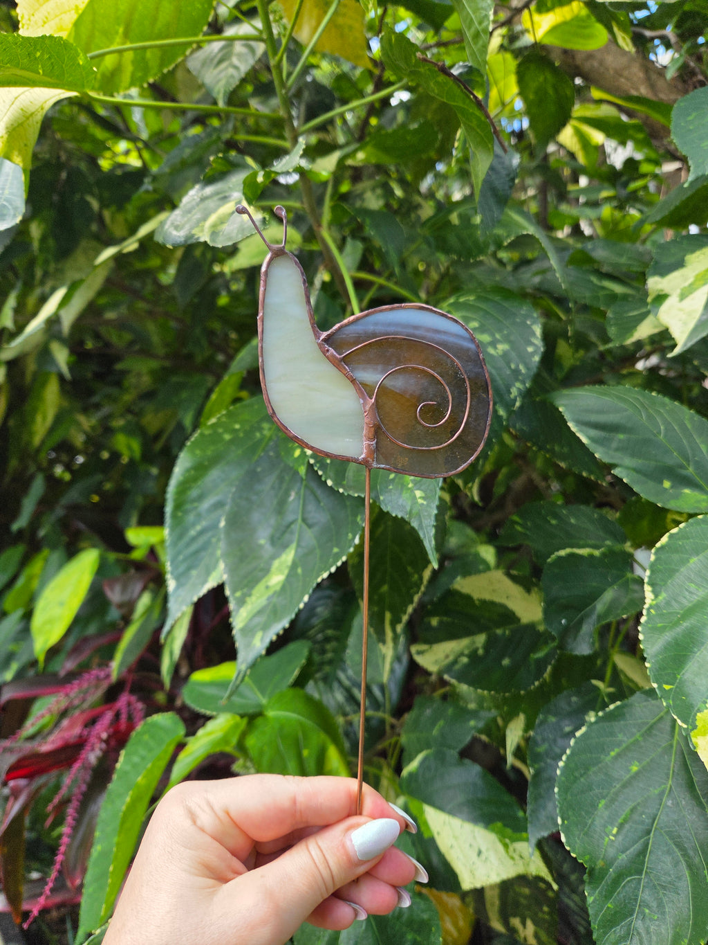 Leadlight stained glass sun catcher plant stake snail Beige plant decoration