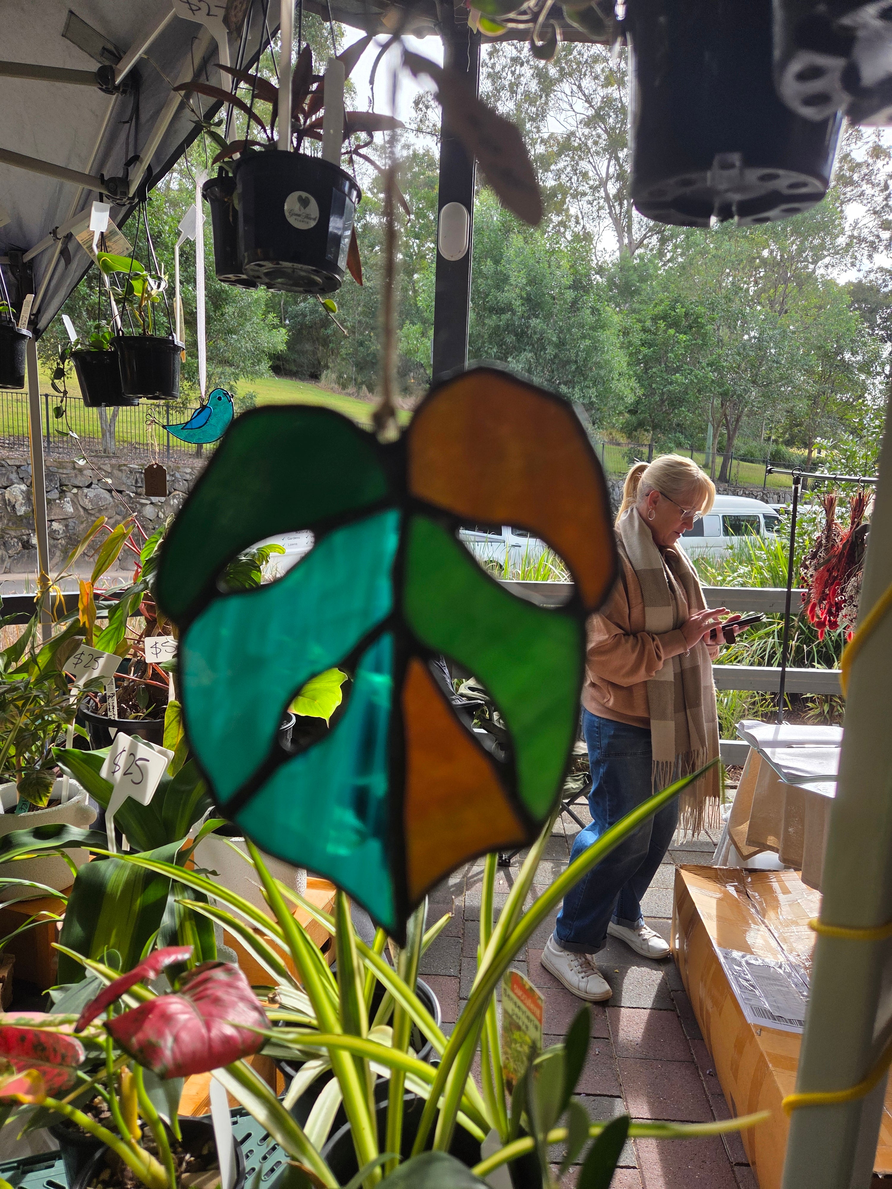 Leadlight / stained glass sun catcher Variegated Monstera leaf handcrafted one off piece 12cm roughly