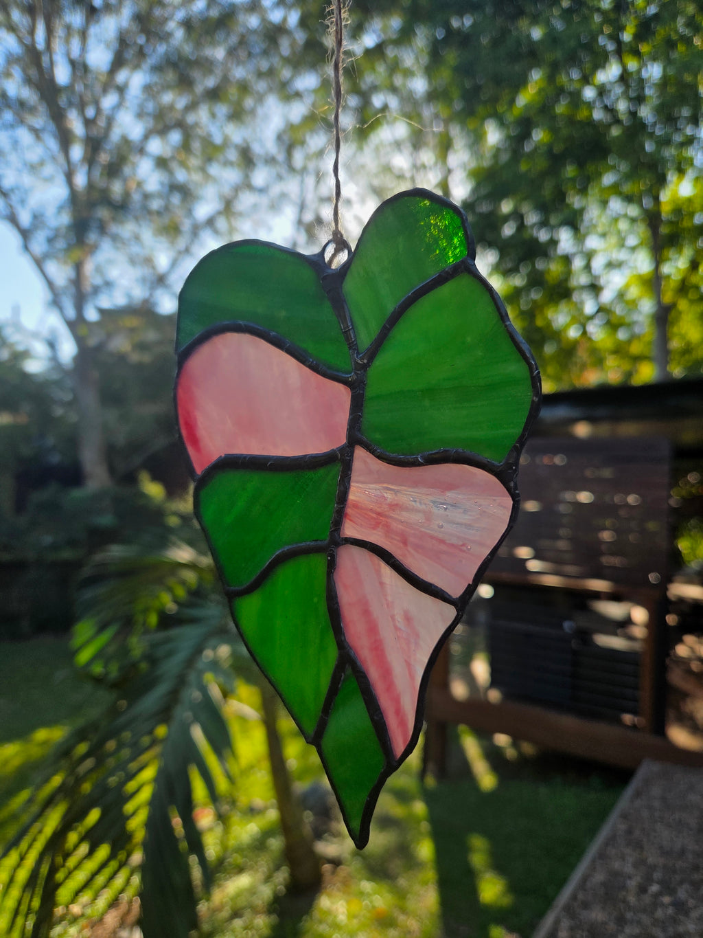 Leadlight / stained glass sun catcher Variegated alocasia leaf handcrafted one off piece 15cm