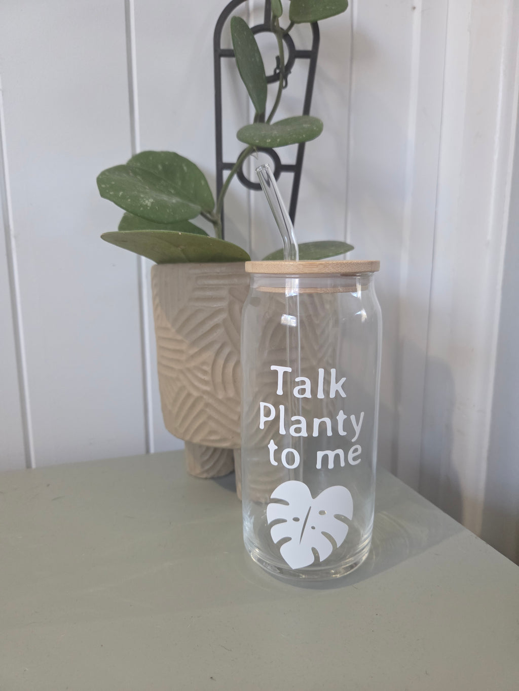 Eco glass tumbler drinking cup with bamboo lid and glass straw 600ml - Talk Planty to Me
