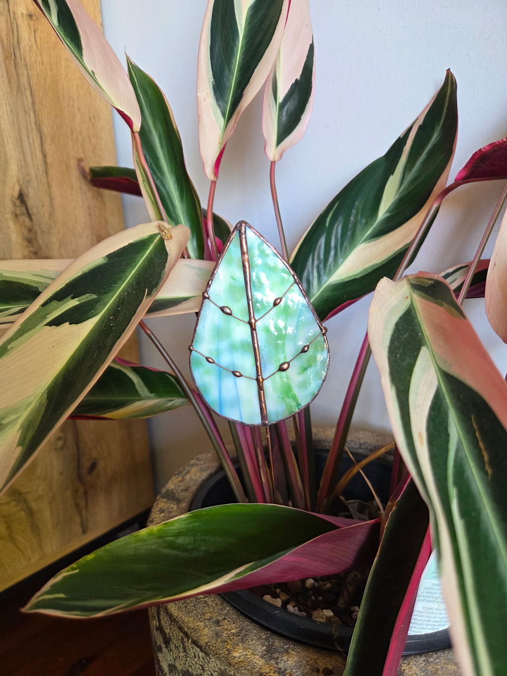 Leadlight stained glass sun catcher plant stake leaf marble plant decoration