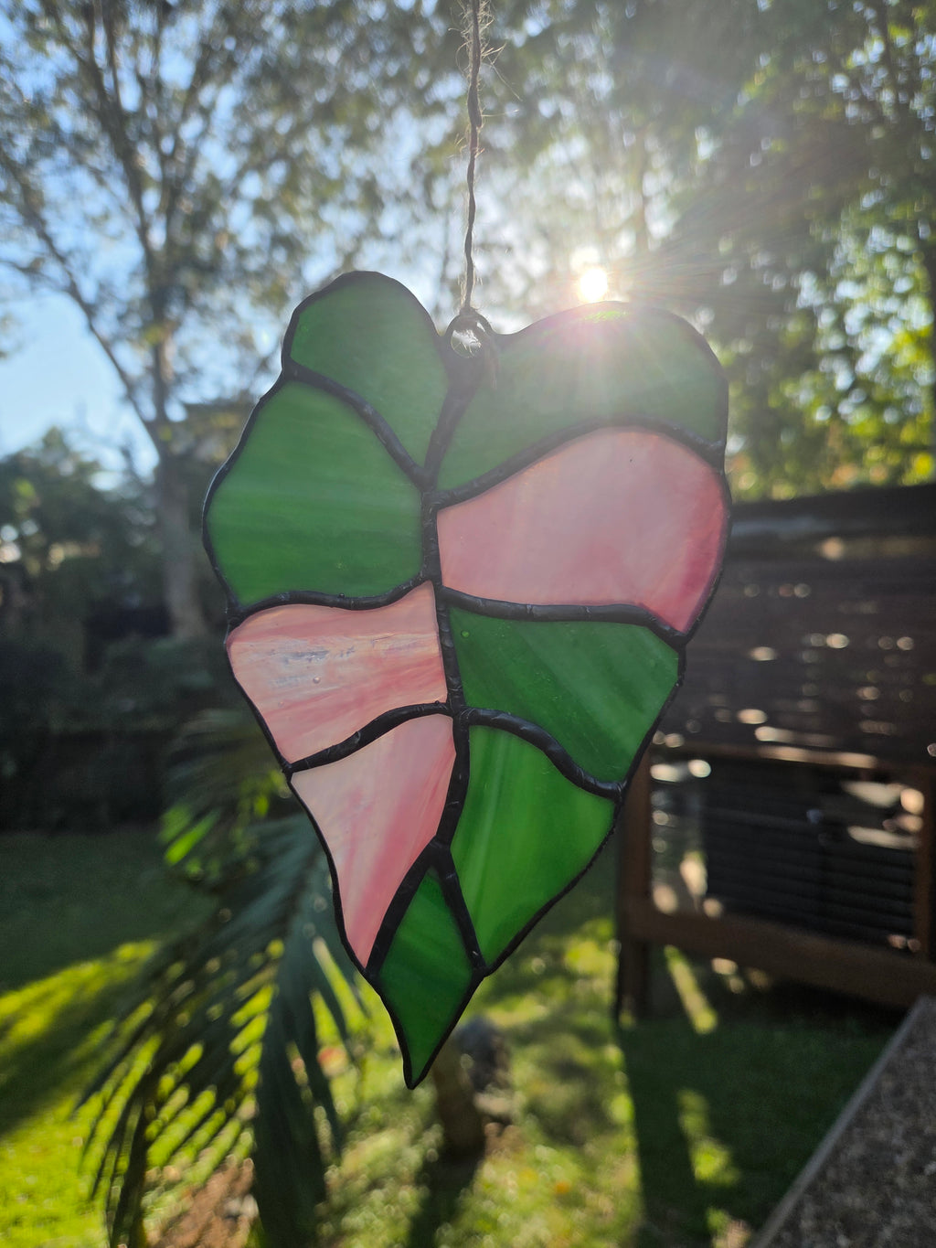 Leadlight / stained glass sun catcher Variegated alocasia leaf handcrafted one off piece 15cm