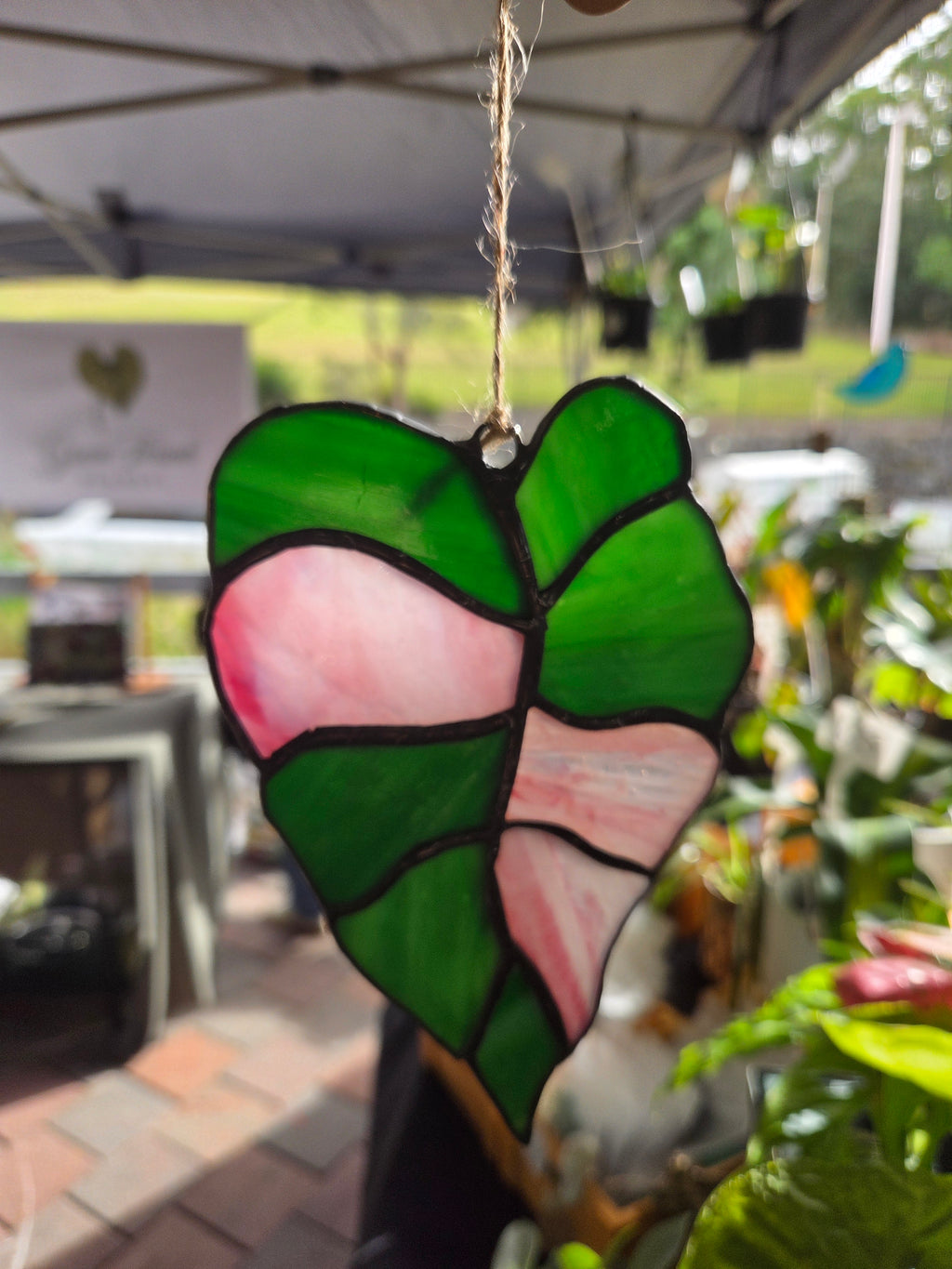 Leadlight / stained glass sun catcher Variegated alocasia leaf handcrafted one off piece