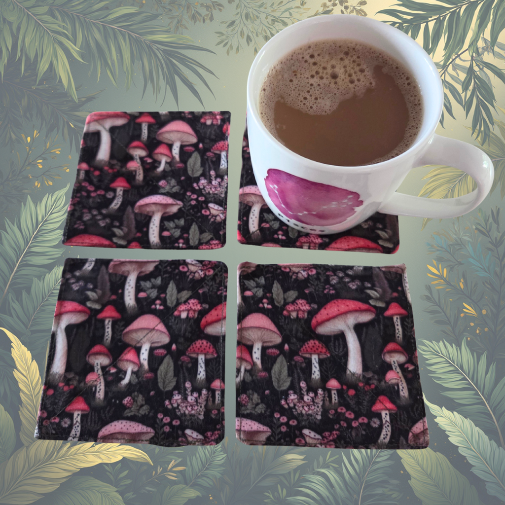 Fabric mushroom coasters HANDMADE- Pink Mush Man