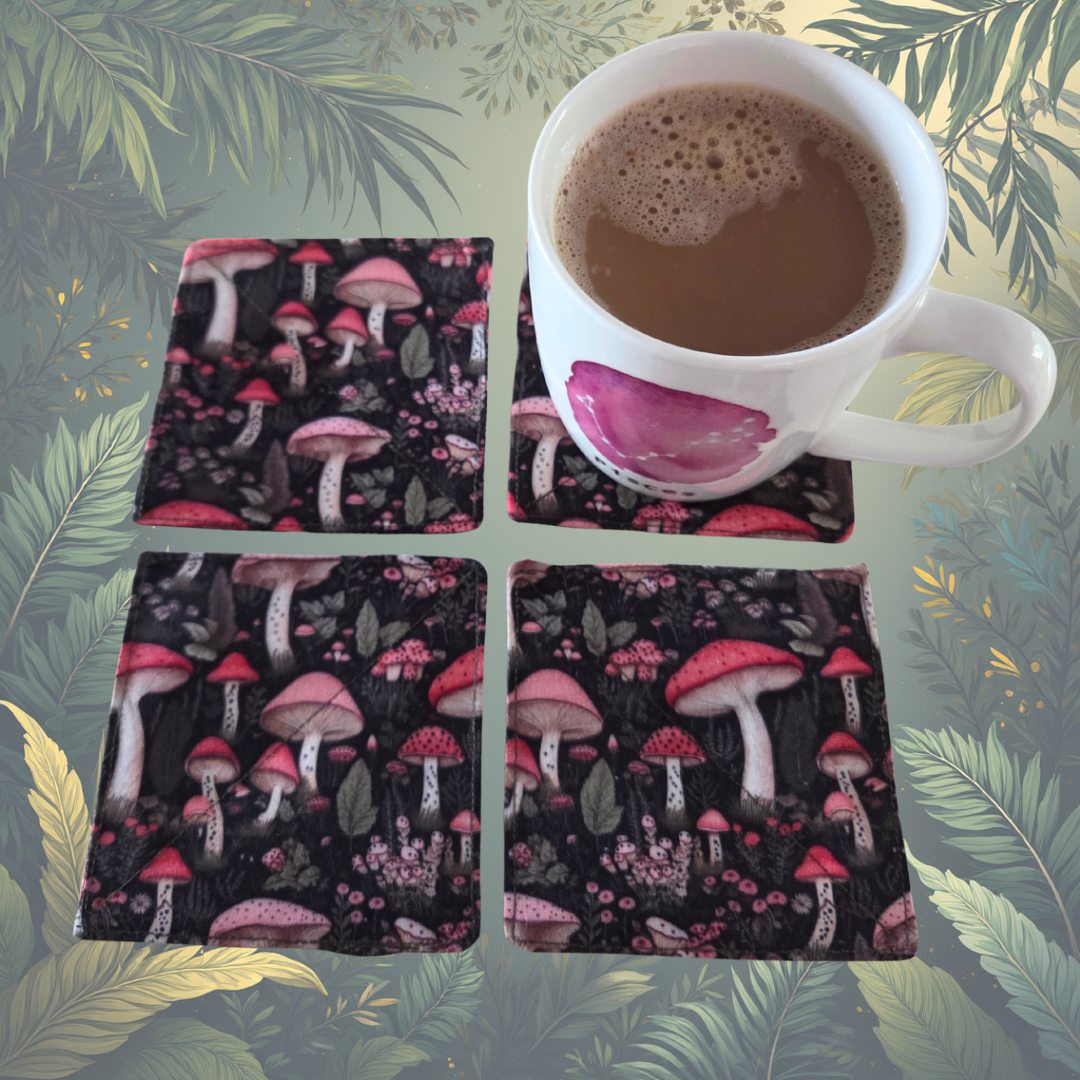 Fabric mushroom coasters HANDMADE- Pink Mush Man
