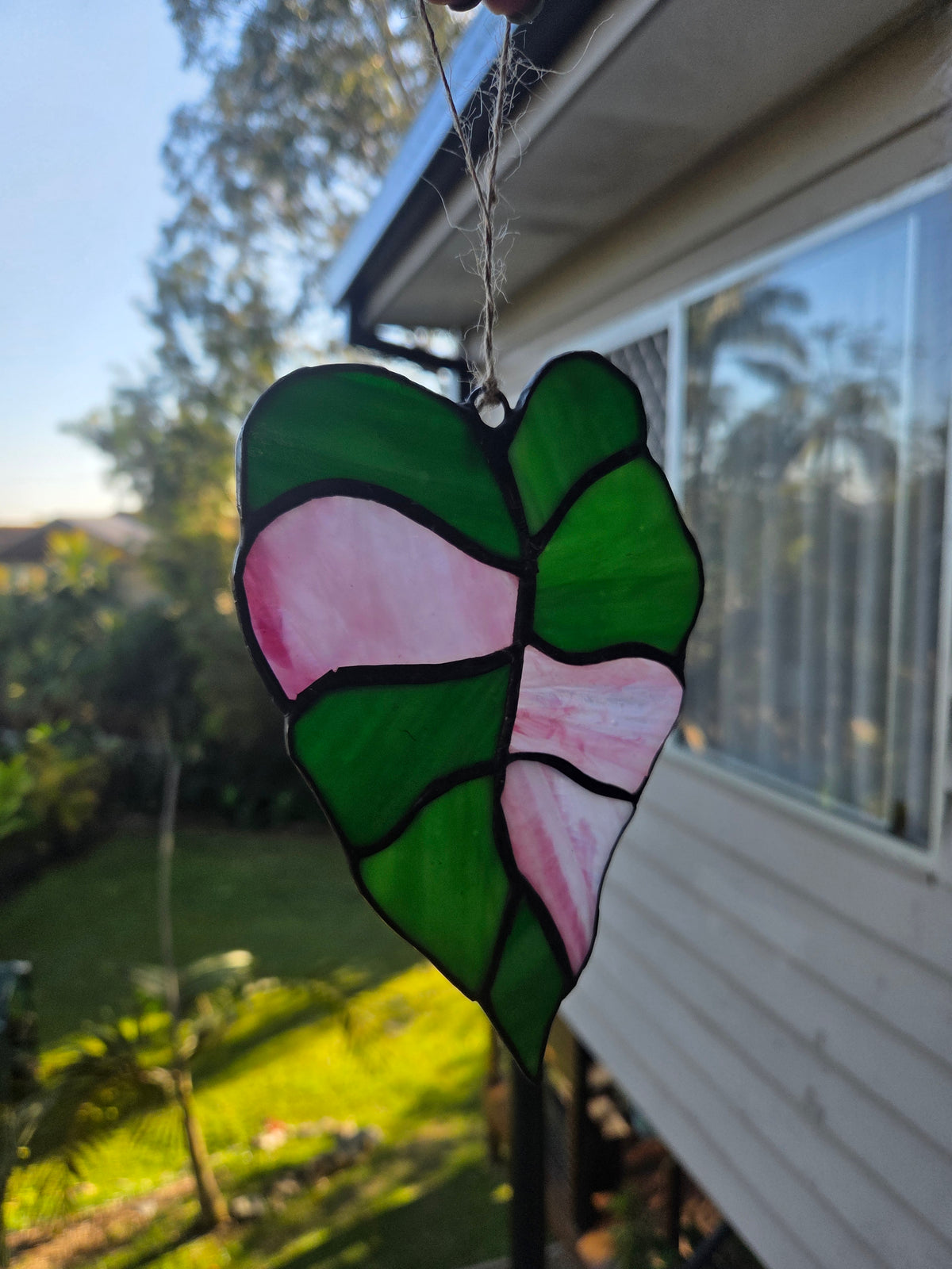 Leadlight / stained glass sun catcher Variegated alocasia leaf handcrafted one off piece 15cm