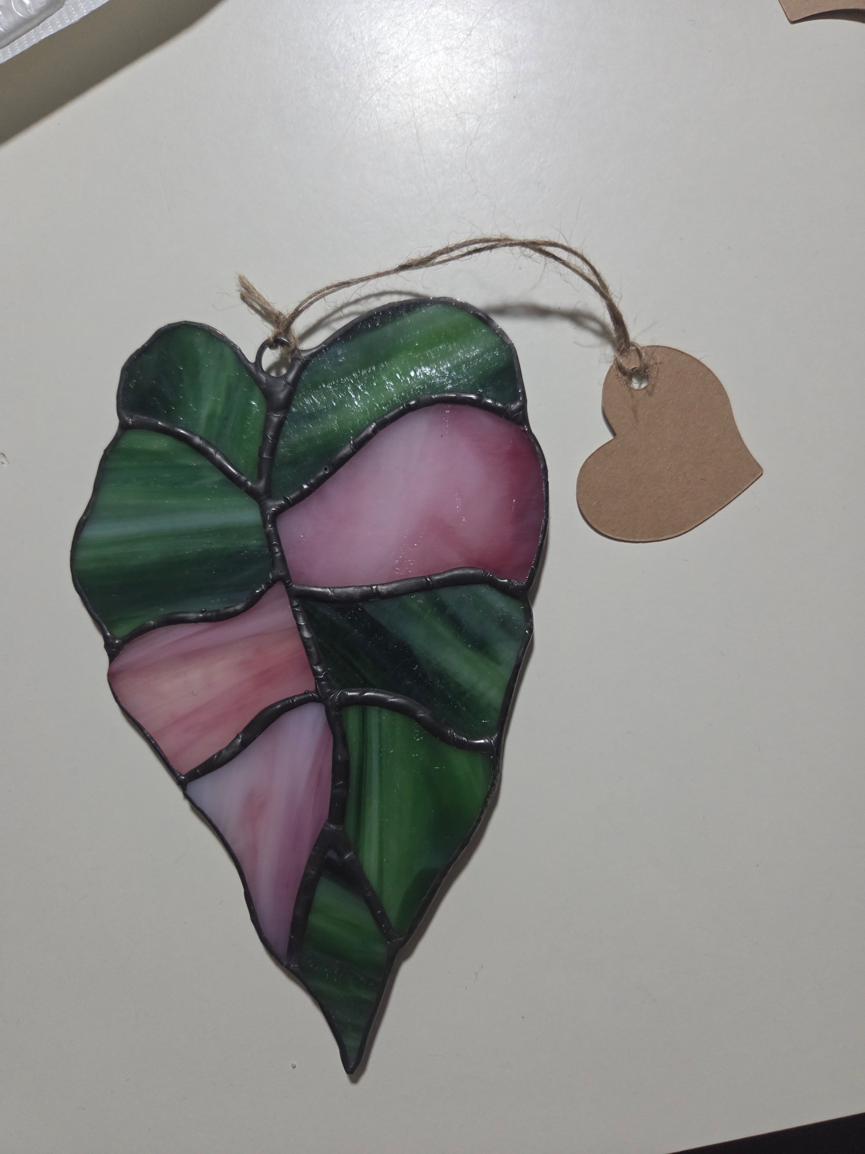 Leadlight / stained glass sun catcher Variegated alocasia leaf handcrafted one off piece