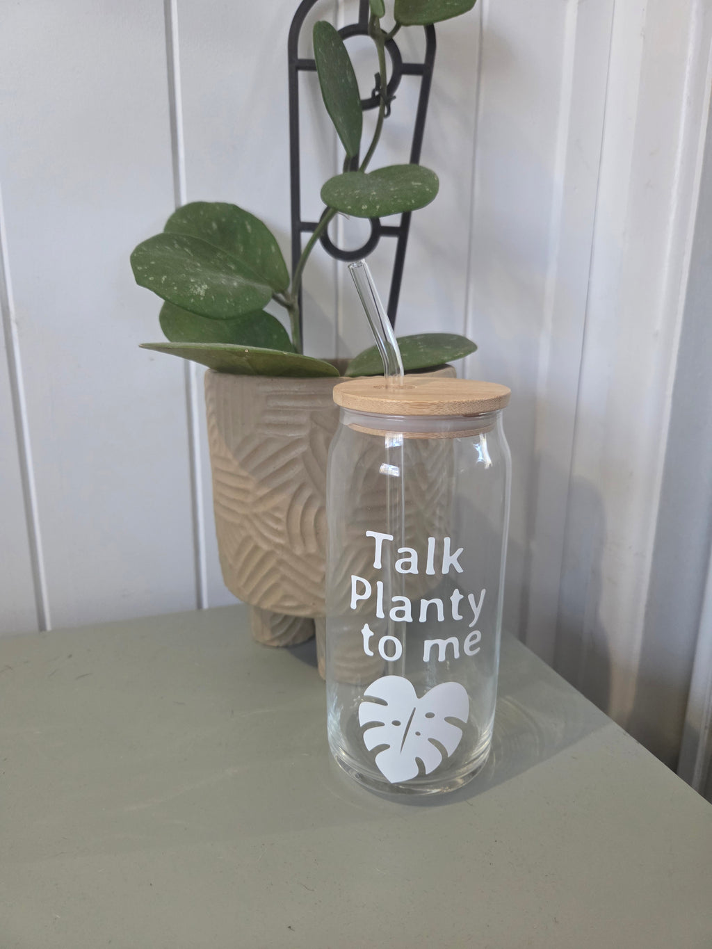 Eco glass tumbler drinking cup with bamboo lid and glass straw 600ml - Talk Planty to Me