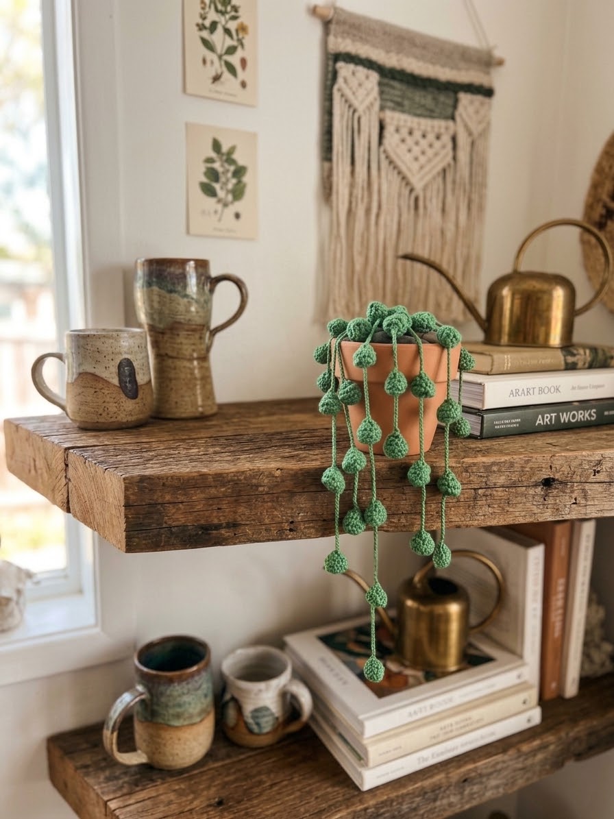 Handmade Crochet string of pearls in mini terracotta pot